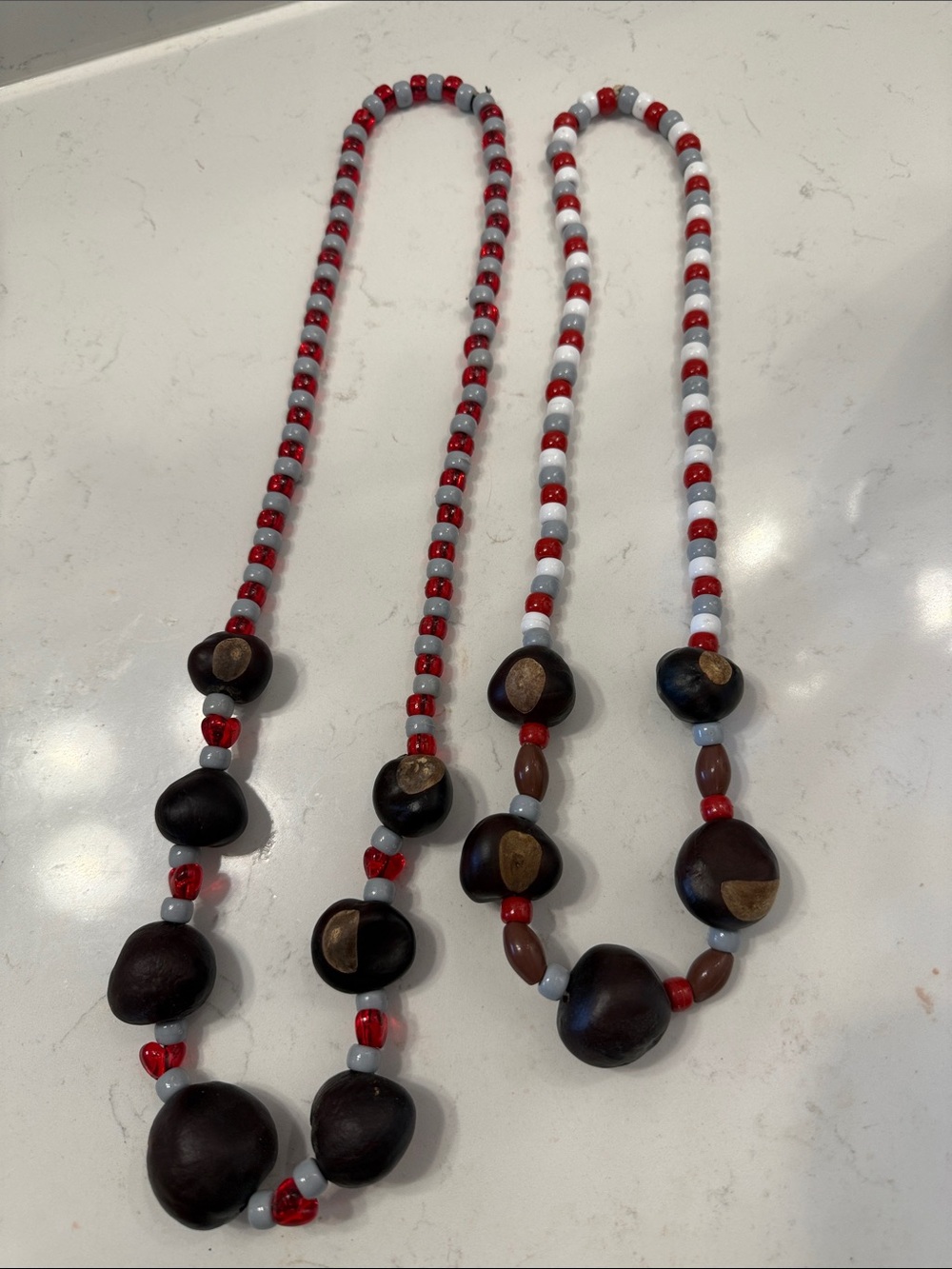 Handmade Red and White Beaded Ohio State Buckeye Pendant Necklaces. Set of 2